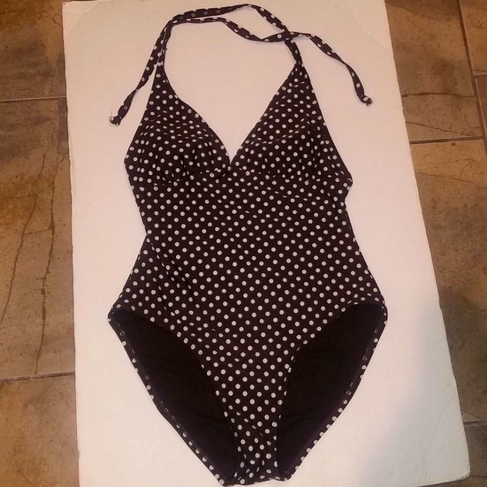 Old navy swimsuit.  Polkadot print.